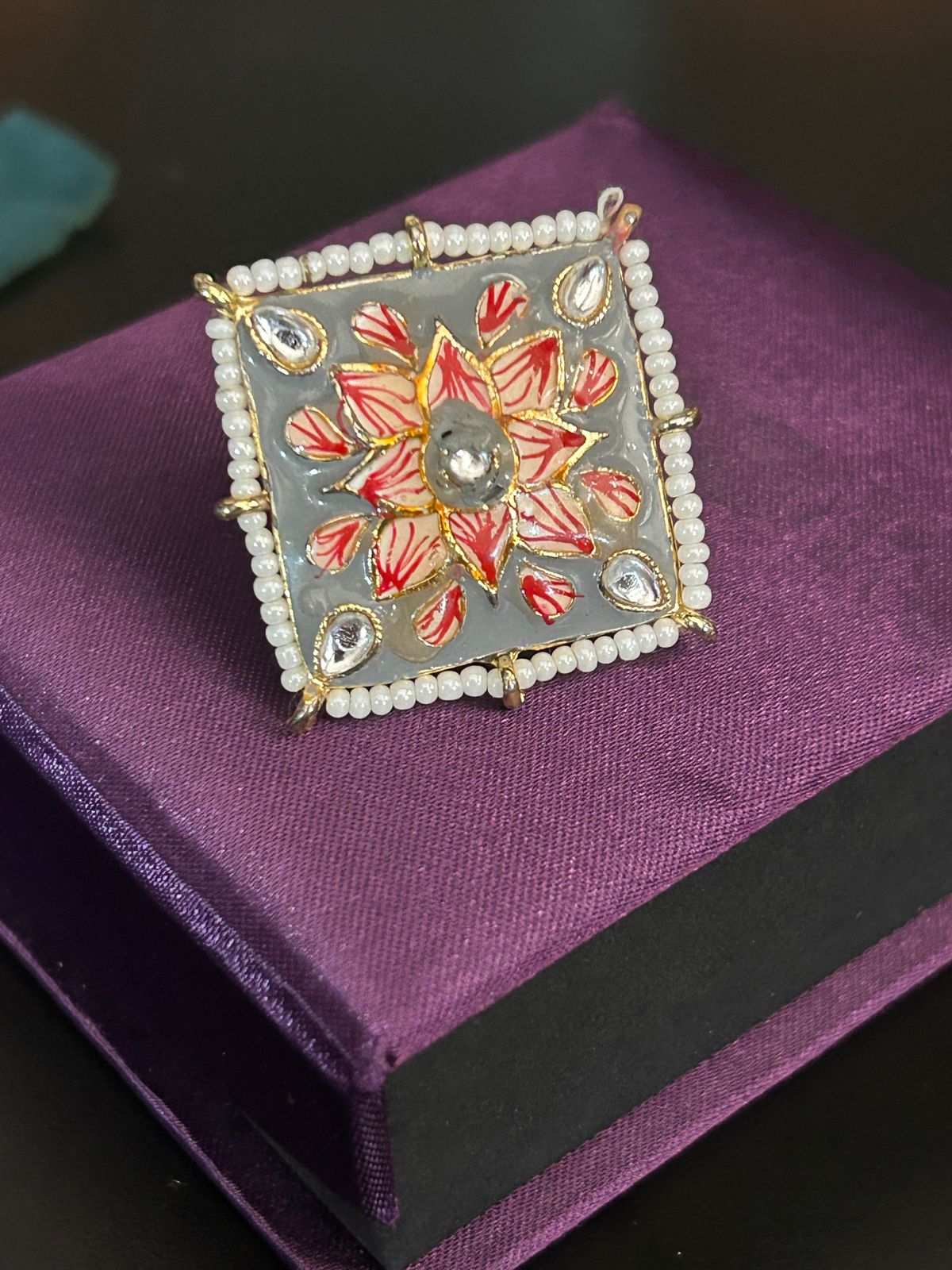 Square Minakari Adjustable Ring – Hand painted Floral Design